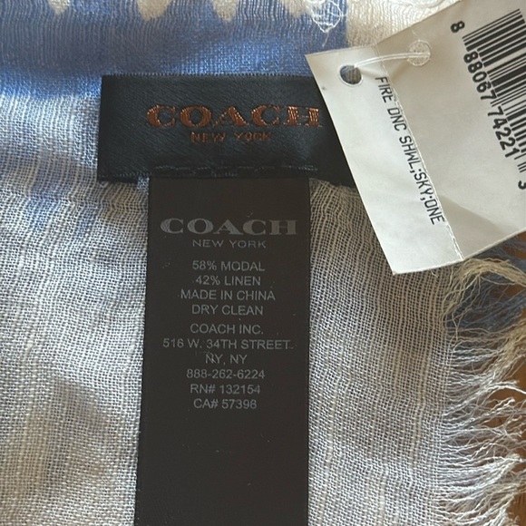 NWT Coach Fire Dance Fringed Shawl In Blue, Cream And Tan Linen Blend - Picture 7 of 8